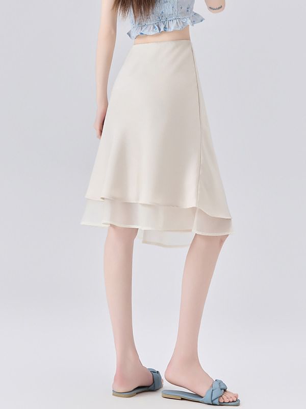 High Waist Plain Satin A-Line Skirt