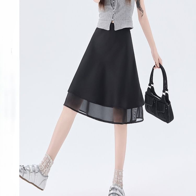 High Waist Plain Satin A-Line Skirt