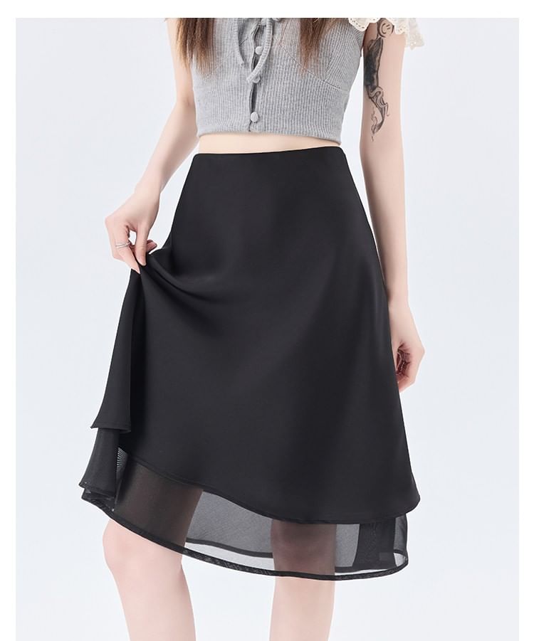 High Waist Plain Satin A-Line Skirt