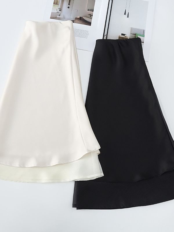 High Waist Plain Satin A-Line Skirt