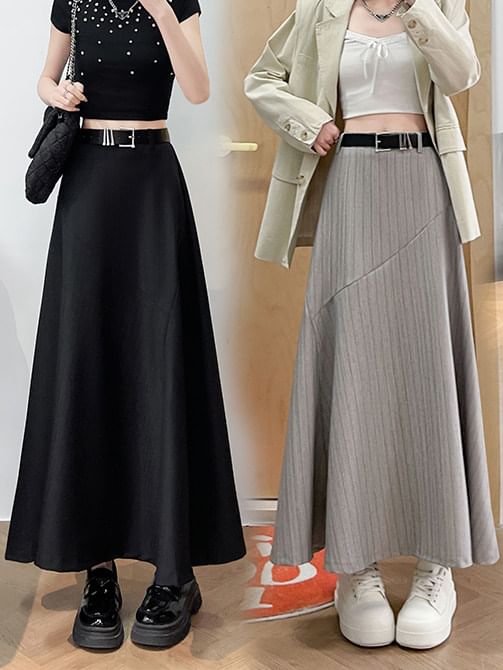 High Waist Striped Midi A-Line Skirt