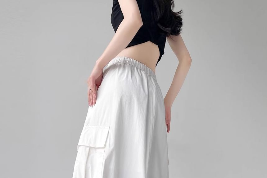 High Waist Plain Back-Slit Pocket Detail Midi Straight Skirt