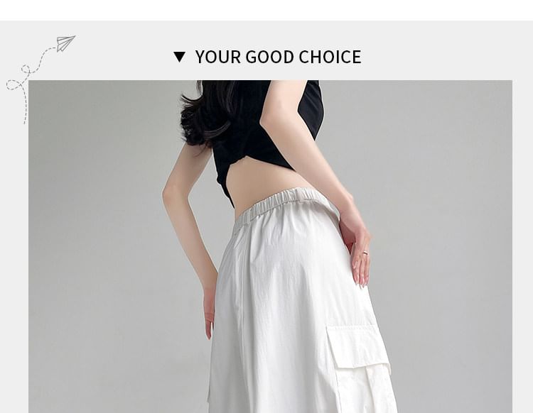 High Waist Plain Back-Slit Pocket Detail Midi Straight Skirt