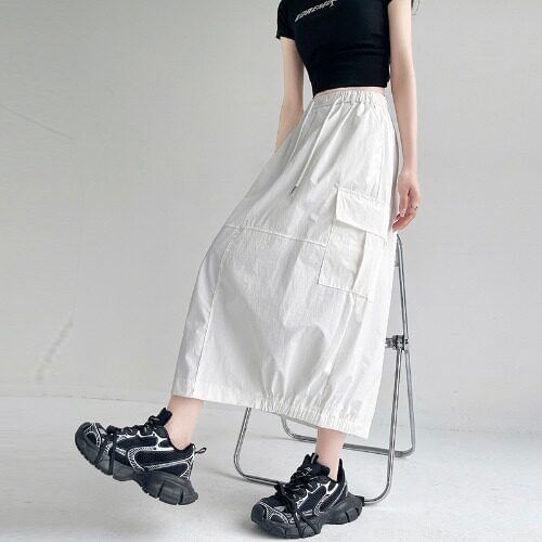 High Waist Plain Back-Slit Pocket Detail Midi Straight Skirt