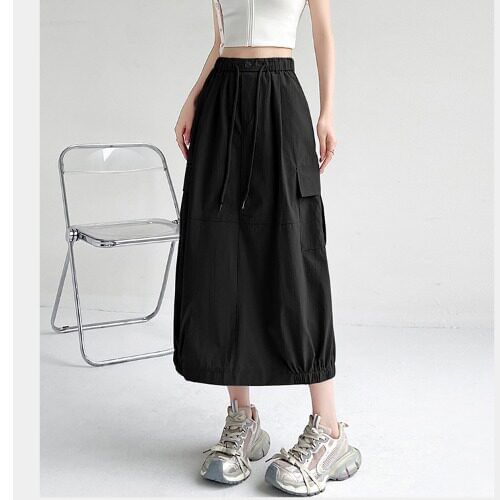 High Waist Plain Back-Slit Pocket Detail Midi Straight Skirt
