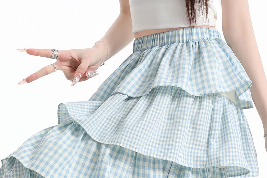 Elastic Waist Gingham Tiered Midi A-Line Skirt