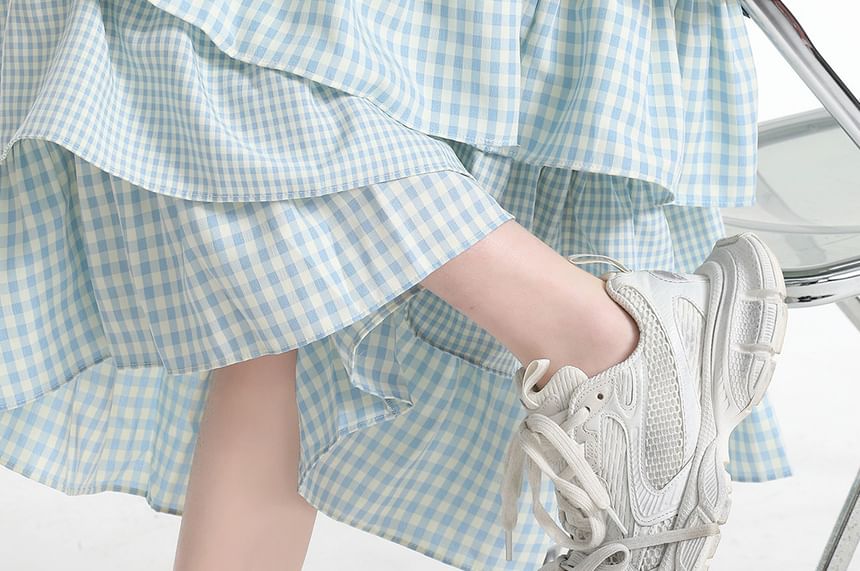 Elastic Waist Gingham Tiered Midi A-Line Skirt