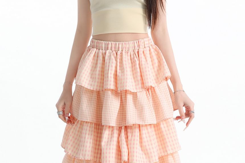 Elastic Waist Gingham Tiered Midi A-Line Skirt