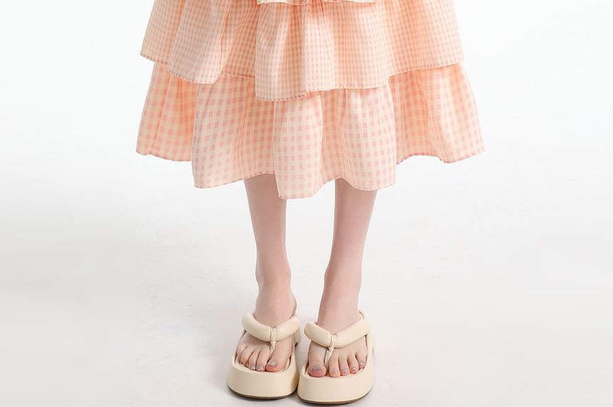 Elastic Waist Gingham Tiered Midi A-Line Skirt