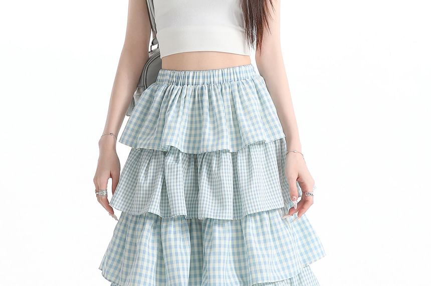 Elastic Waist Gingham Tiered Midi A-Line Skirt