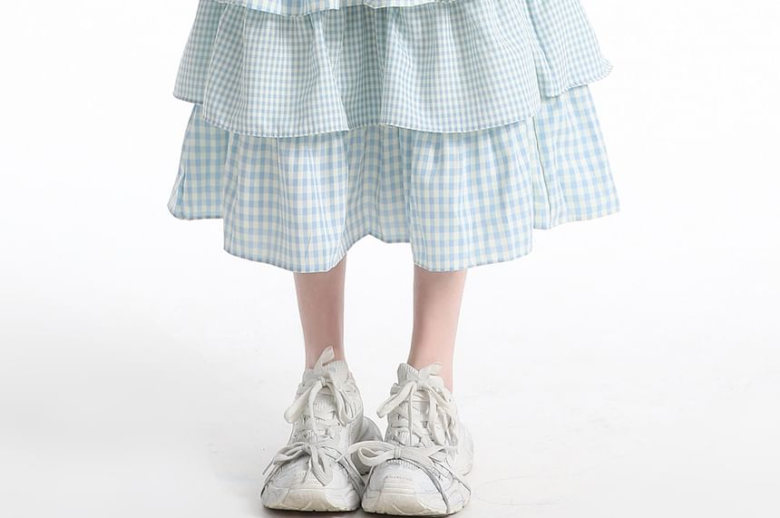 Elastic Waist Gingham Tiered Midi A-Line Skirt