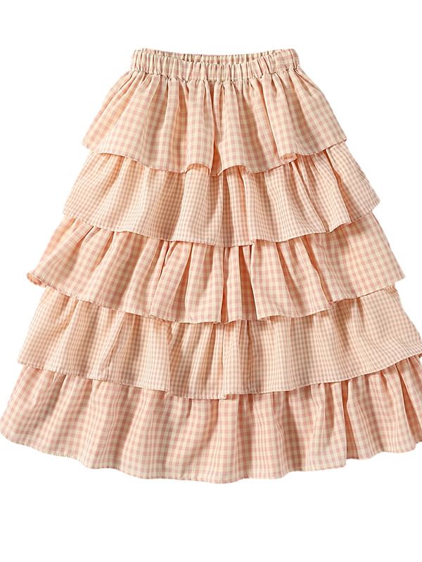 Elastic Waist Gingham Tiered Midi A-Line Skirt
