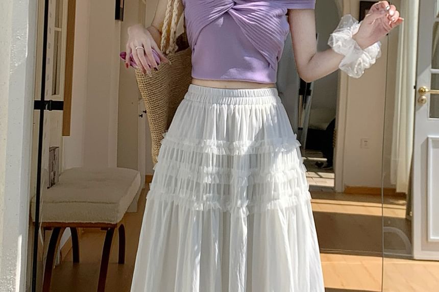 High Waist Plain Ruffle Maxi A-Line Skirt