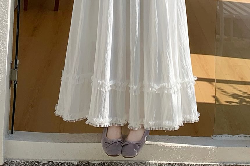 High Waist Plain Ruffle Maxi A-Line Skirt