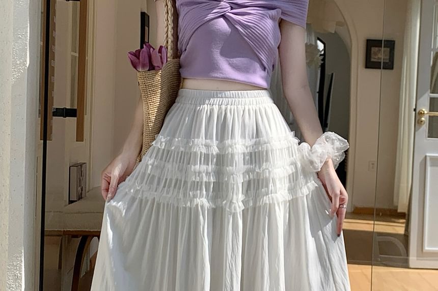 High Waist Plain Ruffle Maxi A-Line Skirt