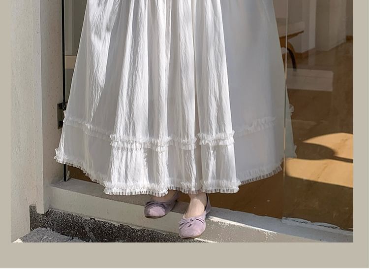 High Waist Plain Ruffle Maxi A-Line Skirt