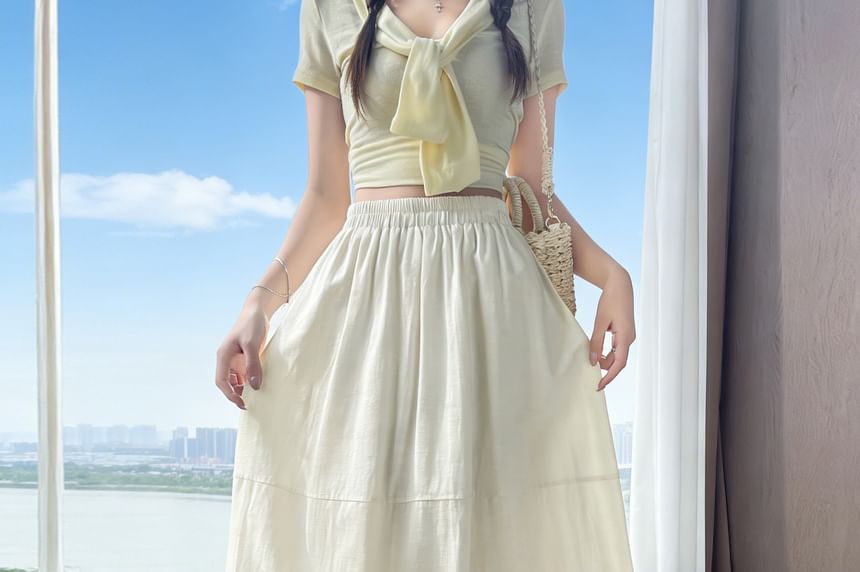 High Waist Plain Pleated Panel Maxi A-Line Skirt