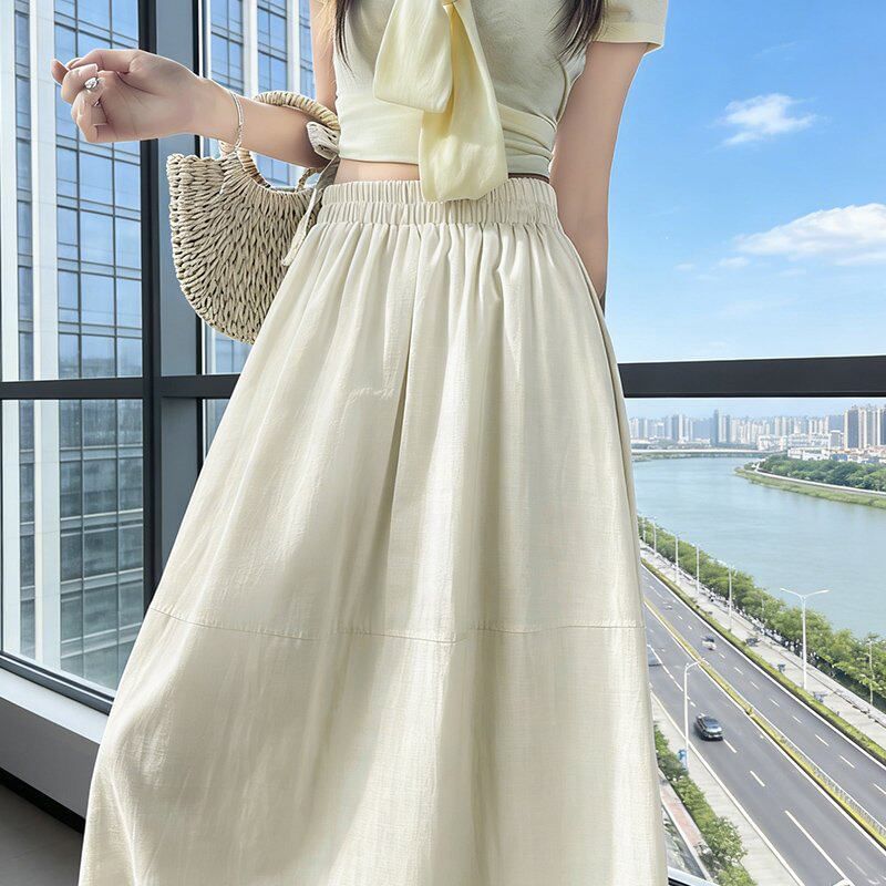 High Waist Plain Pleated Panel Maxi A-Line Skirt