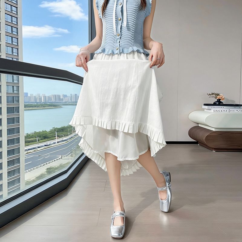 High Waist Plain Pleated Panel Maxi A-Line Skirt