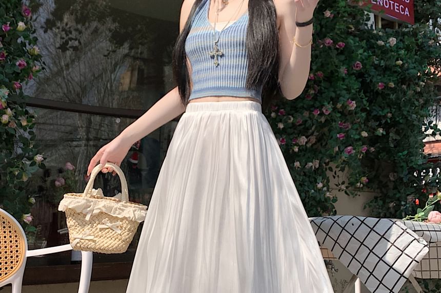 High Waist Plain Mesh Maxi A-Line Skirt