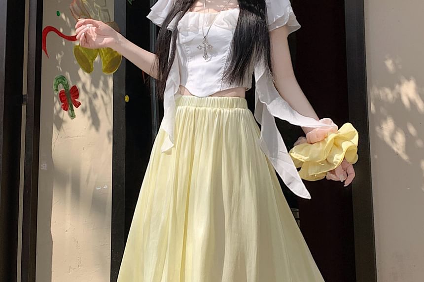 High Waist Plain Mesh Maxi A-Line Skirt