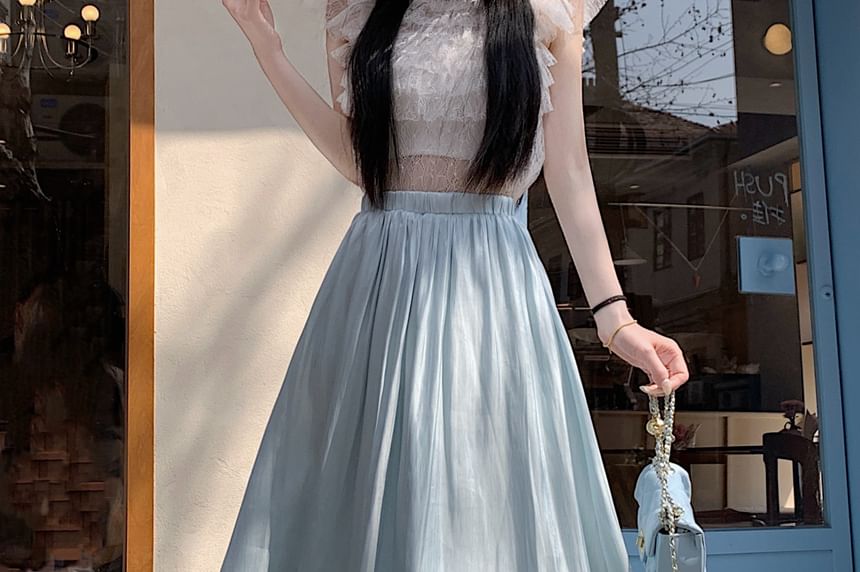High Waist Plain Mesh Maxi A-Line Skirt