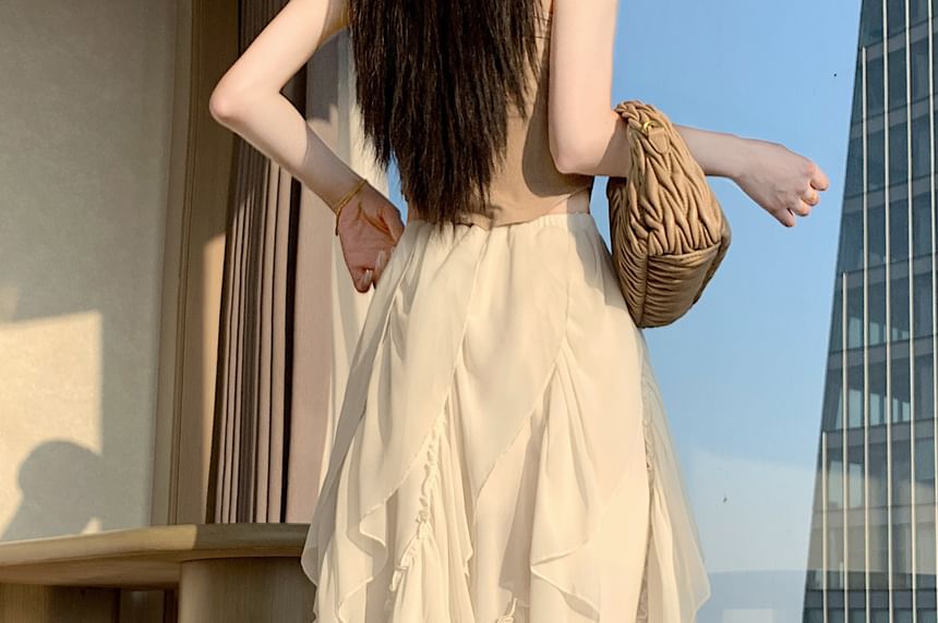 Elastic Waist Plain Ruffle Panel Asymmetrical Midi A-Line Skirt