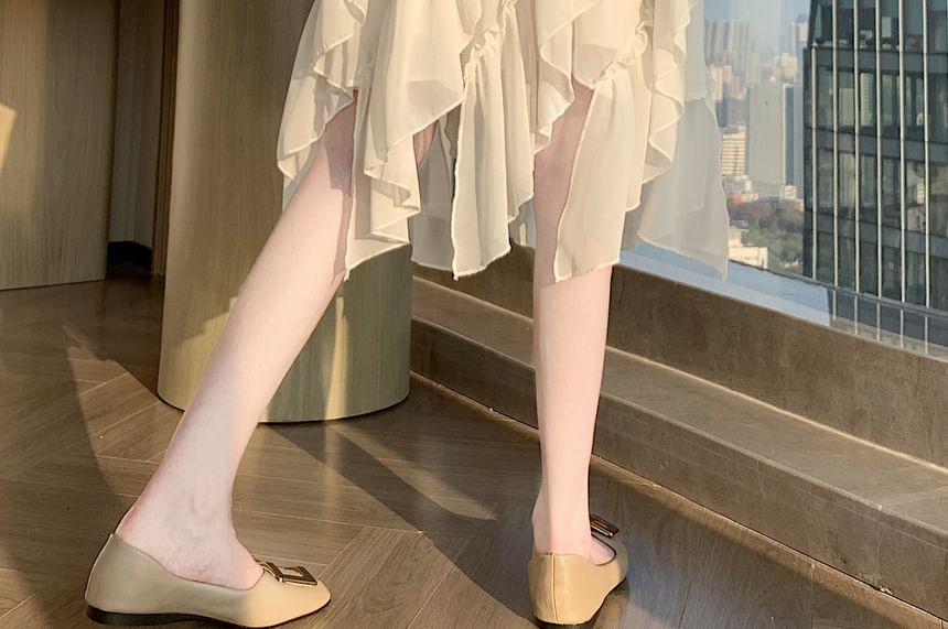 Elastic Waist Plain Ruffle Panel Asymmetrical Midi A-Line Skirt