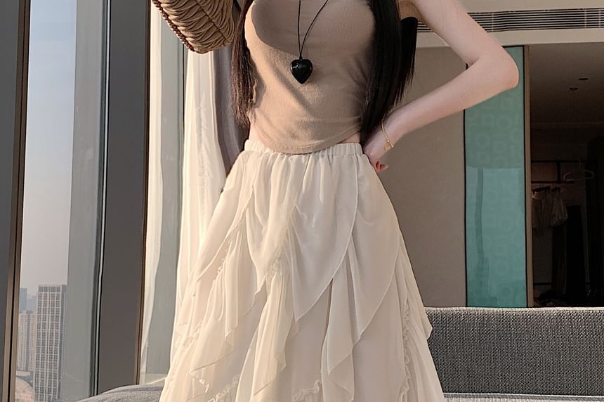 Elastic Waist Plain Ruffle Panel Asymmetrical Midi A-Line Skirt