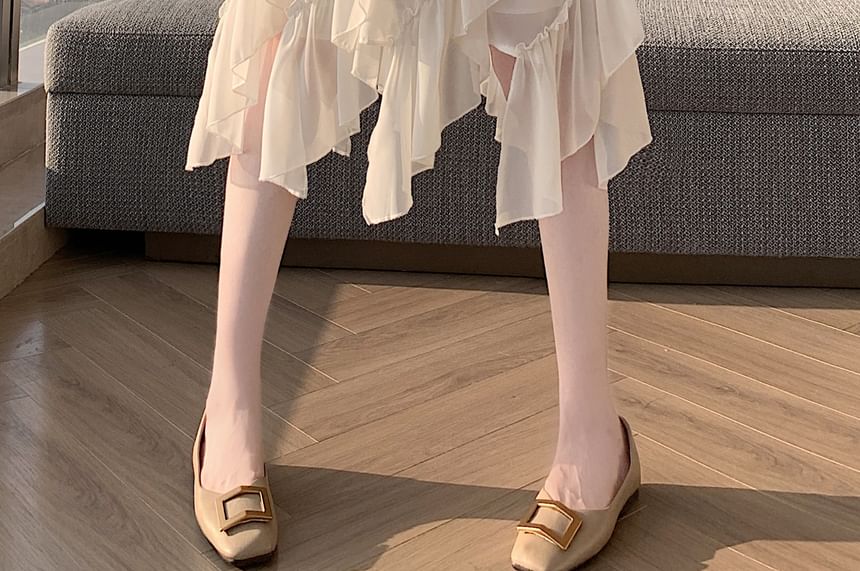 Elastic Waist Plain Ruffle Panel Asymmetrical Midi A-Line Skirt