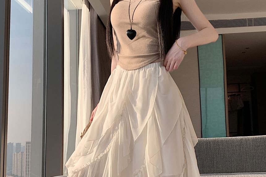 Elastic Waist Plain Ruffle Panel Asymmetrical Midi A-Line Skirt