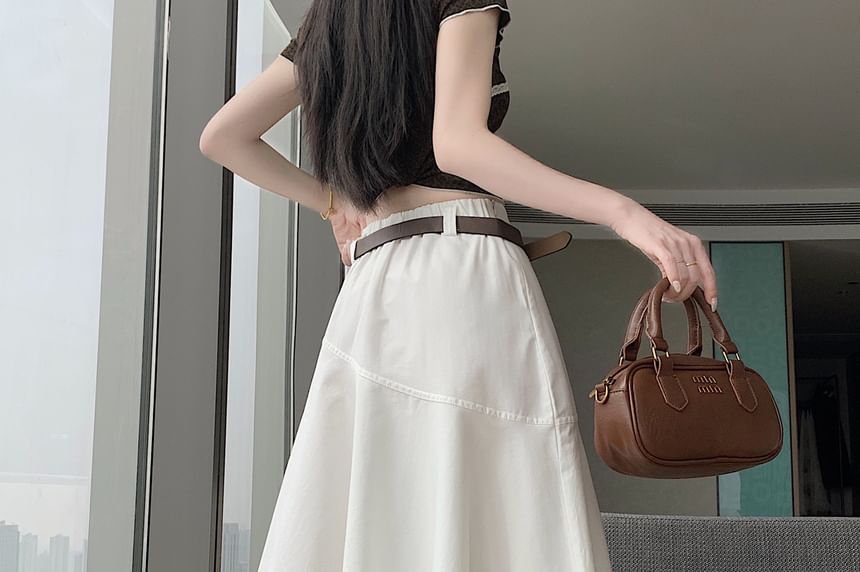 Set: Elastic Waist Plain Asymmetrical Midi A-Line Skirt + Belt