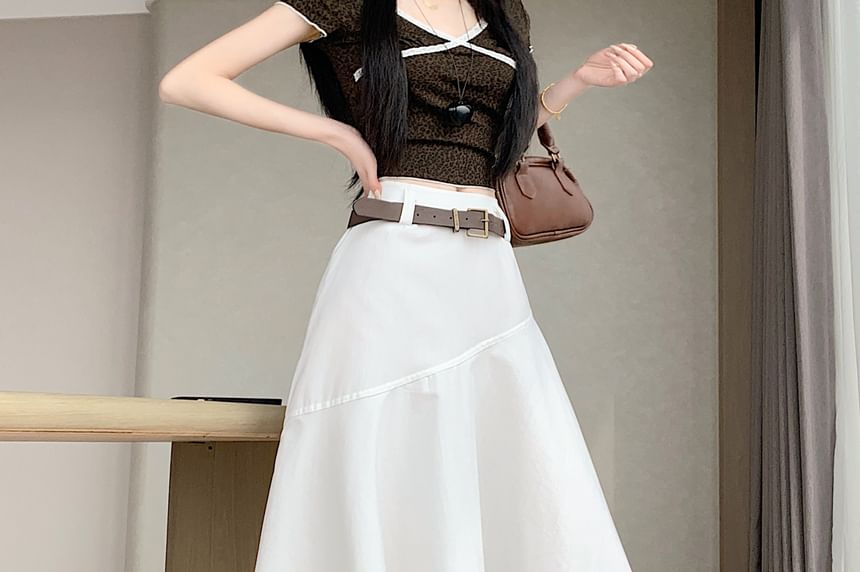 Set: Elastic Waist Plain Asymmetrical Midi A-Line Skirt + Belt