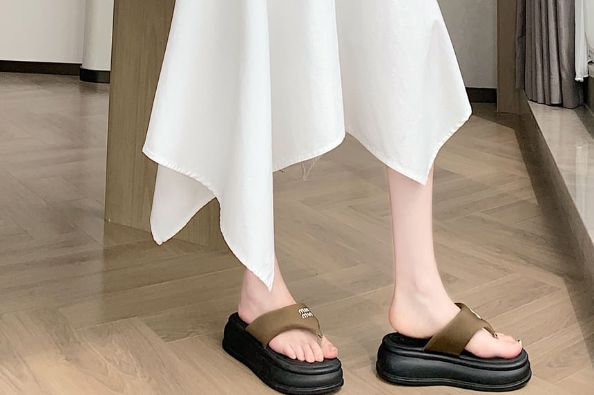 Set: Elastic Waist Plain Asymmetrical Midi A-Line Skirt + Belt