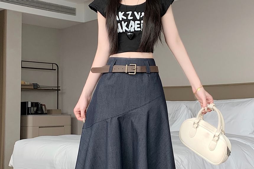 Set: Elastic Waist Plain Asymmetrical Midi A-Line Skirt + Belt
