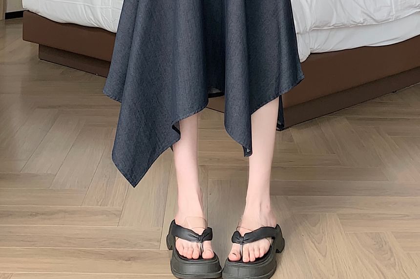Set: Elastic Waist Plain Asymmetrical Midi A-Line Skirt + Belt