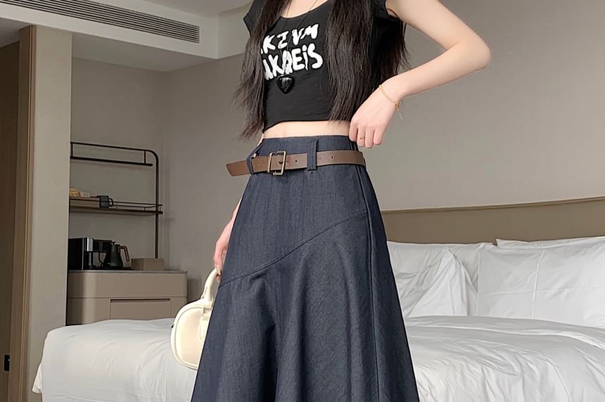 Set: Elastic Waist Plain Asymmetrical Midi A-Line Skirt + Belt