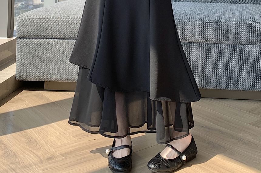 High Waist Plain Layered Panel Mesh Maxi Mermaid Skirt