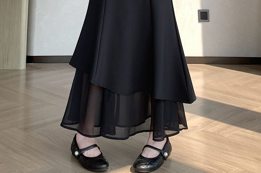 High Waist Plain Layered Panel Mesh Maxi Mermaid Skirt