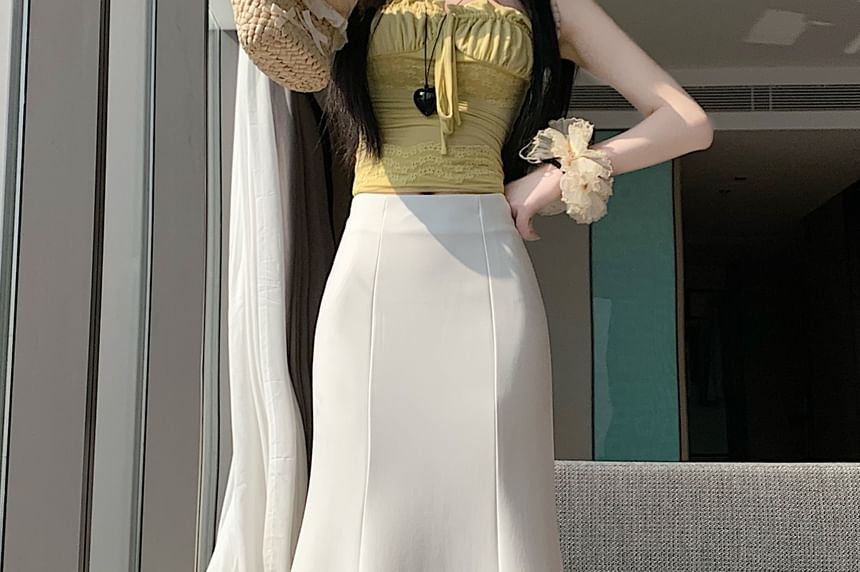 High Waist Plain Layered Panel Mesh Maxi Mermaid Skirt