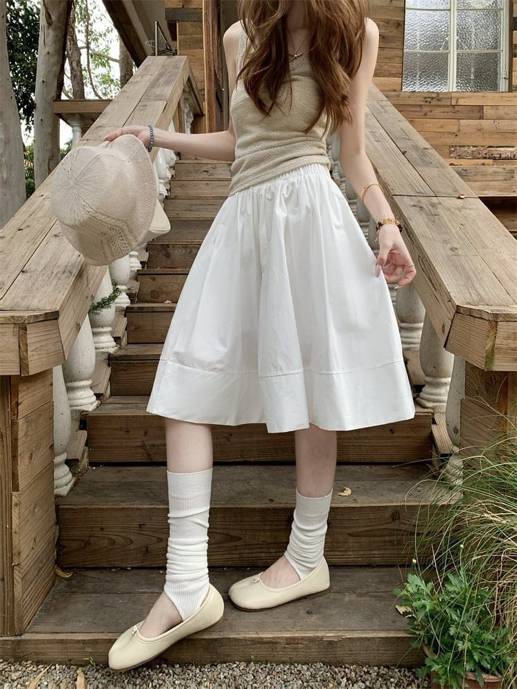 High Waist Plain Midi A-Line Skirt
