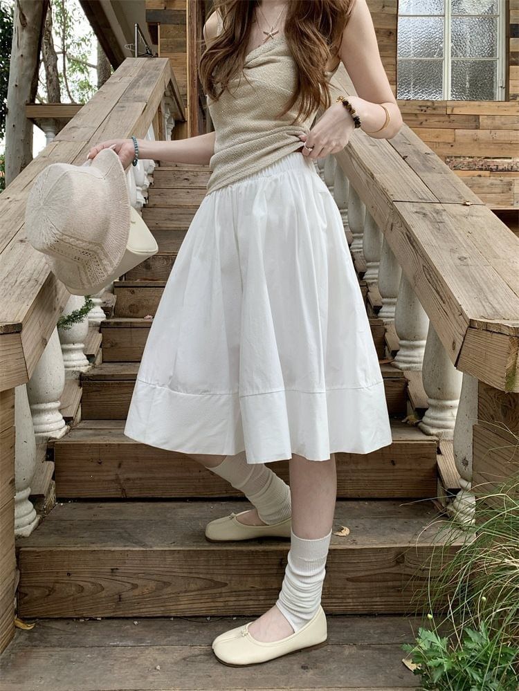 High Waist Plain Midi A-Line Skirt