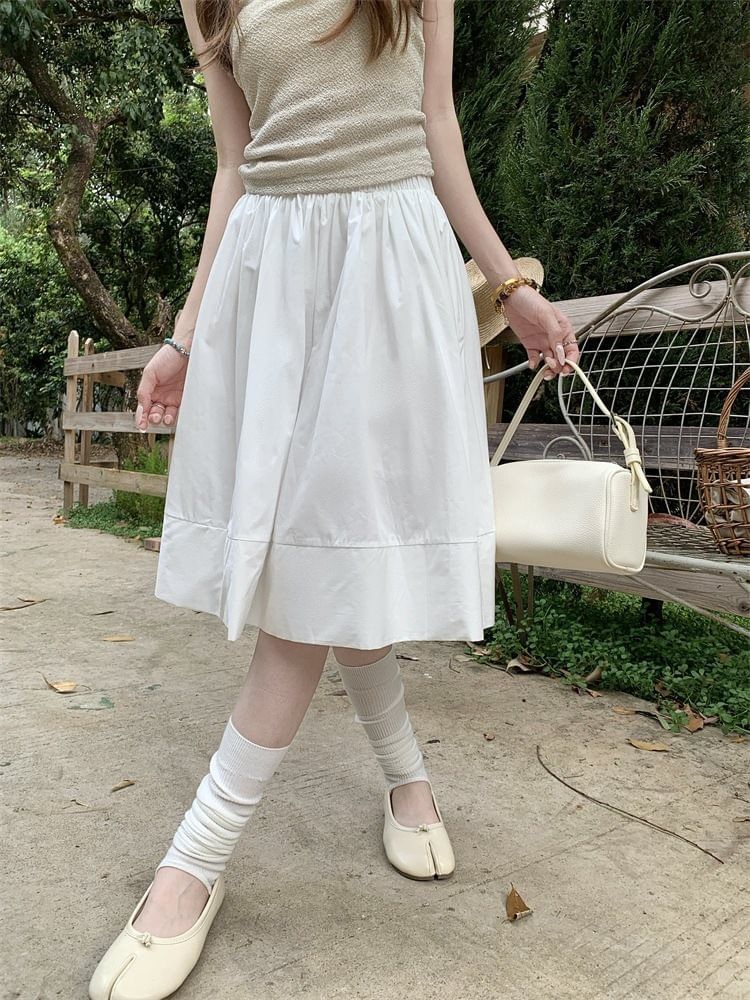 High Waist Plain Midi A-Line Skirt