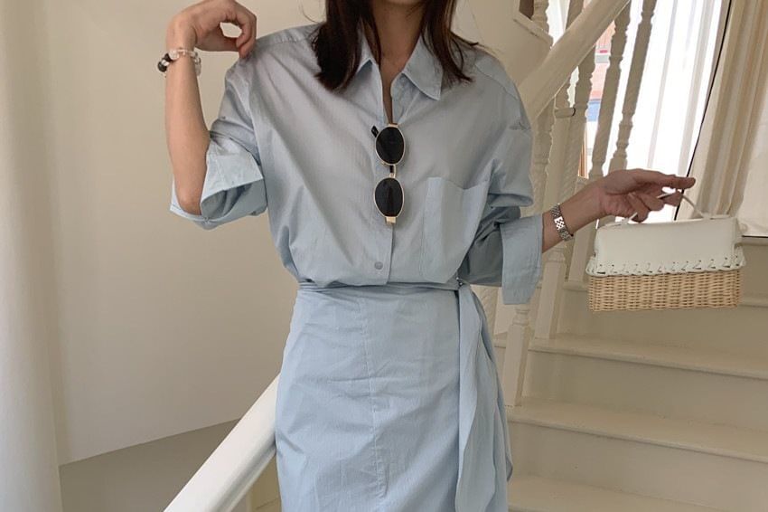 Set: Long-Sleeve Plain Shirt + High Waist Maxi Skirt