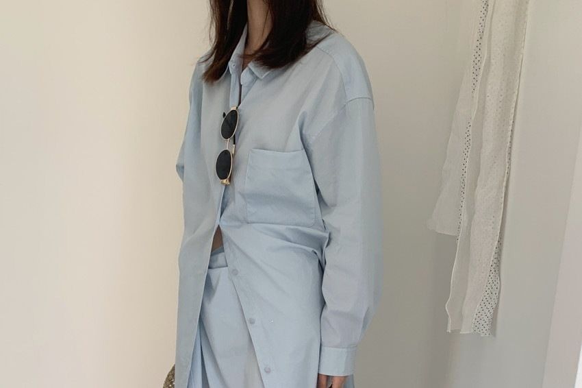 Set: Long-Sleeve Plain Shirt + High Waist Maxi Skirt