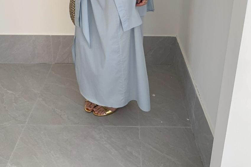 Set: Long-Sleeve Plain Shirt + High Waist Maxi Skirt