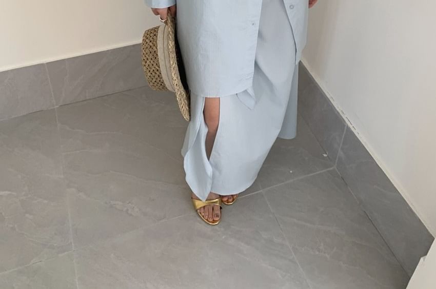 Set: Long-Sleeve Plain Shirt + High Waist Maxi Skirt