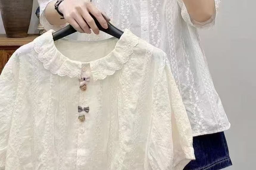 Short-Sleeve Button-Up Lace Shirt