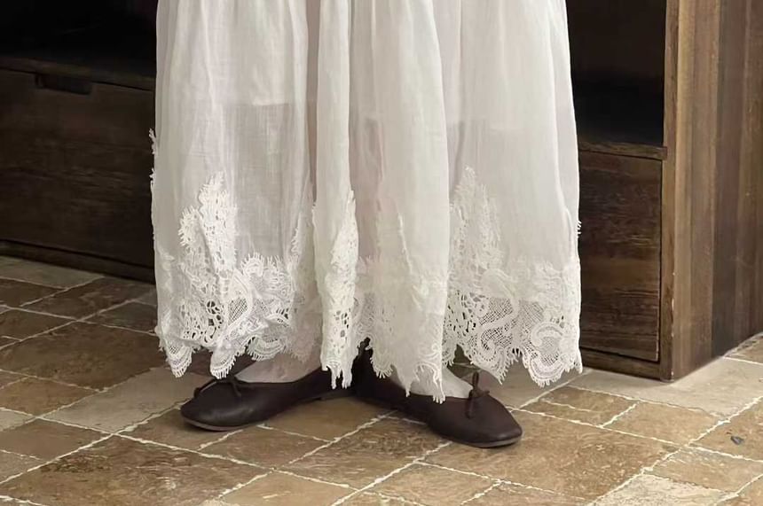 High Waist Lace Panel Maxi A-Line Skirt