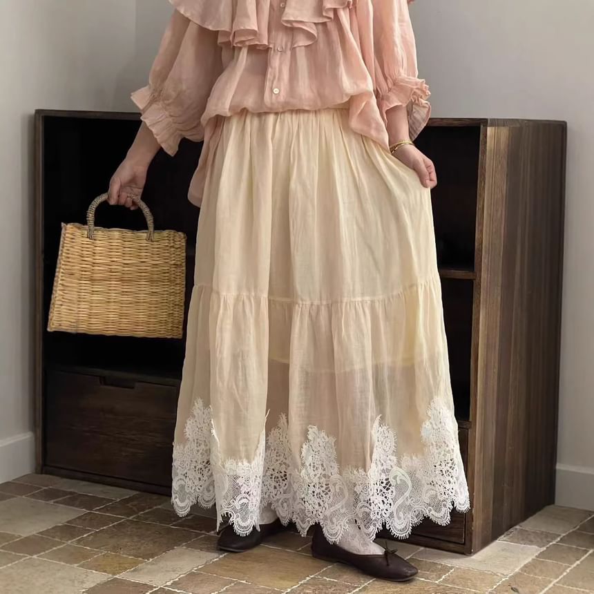 High Waist Lace Panel Maxi A-Line Skirt